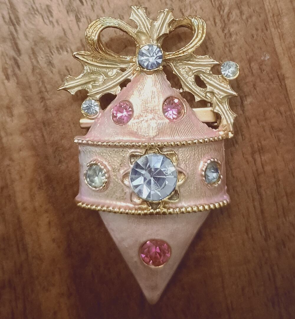 Vntg Christmas Ornament Brooch Pink Satin Finish Pink Blue Diamond Rhinestones